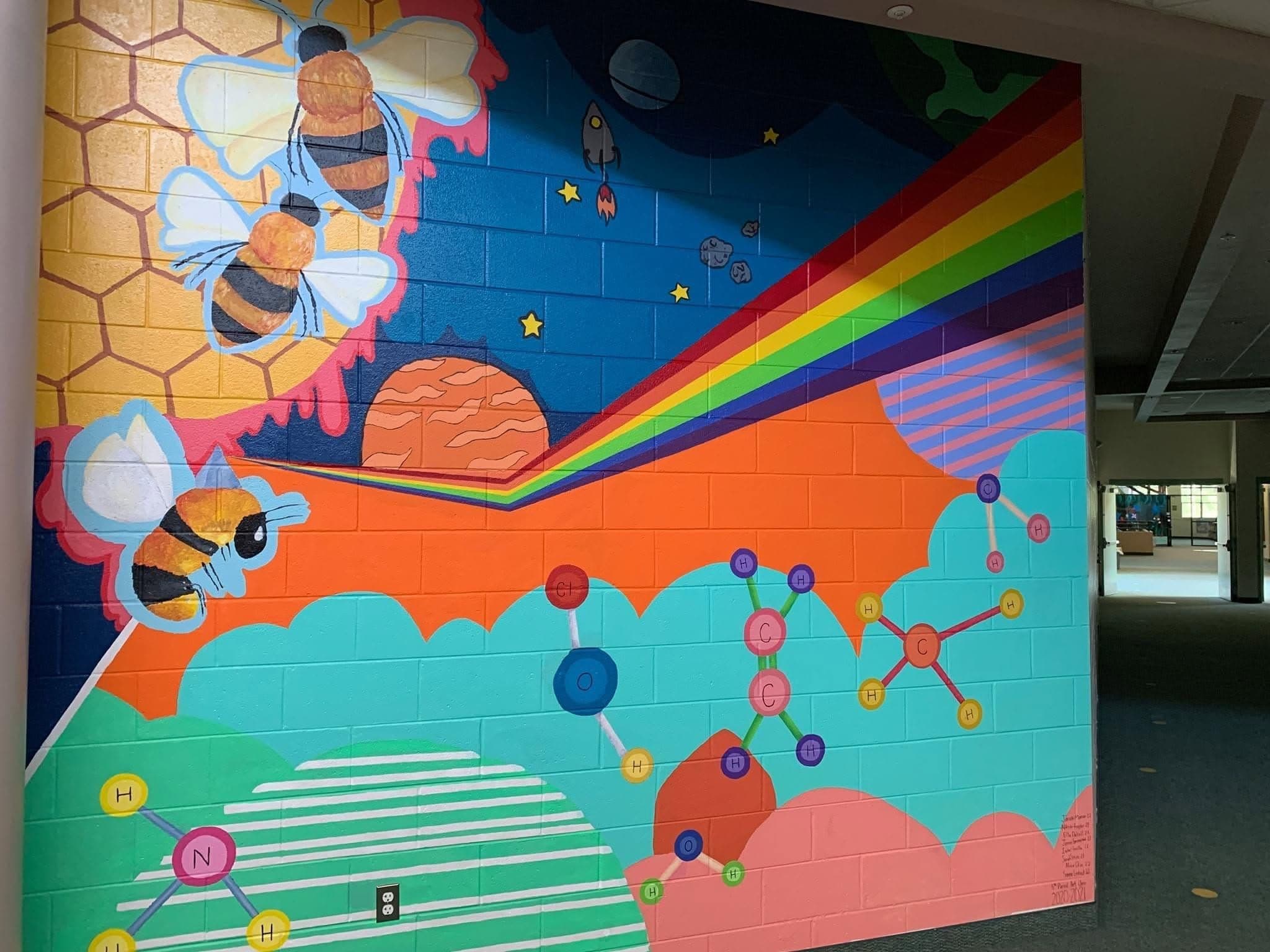 Student-painted wall mural in the Upper School