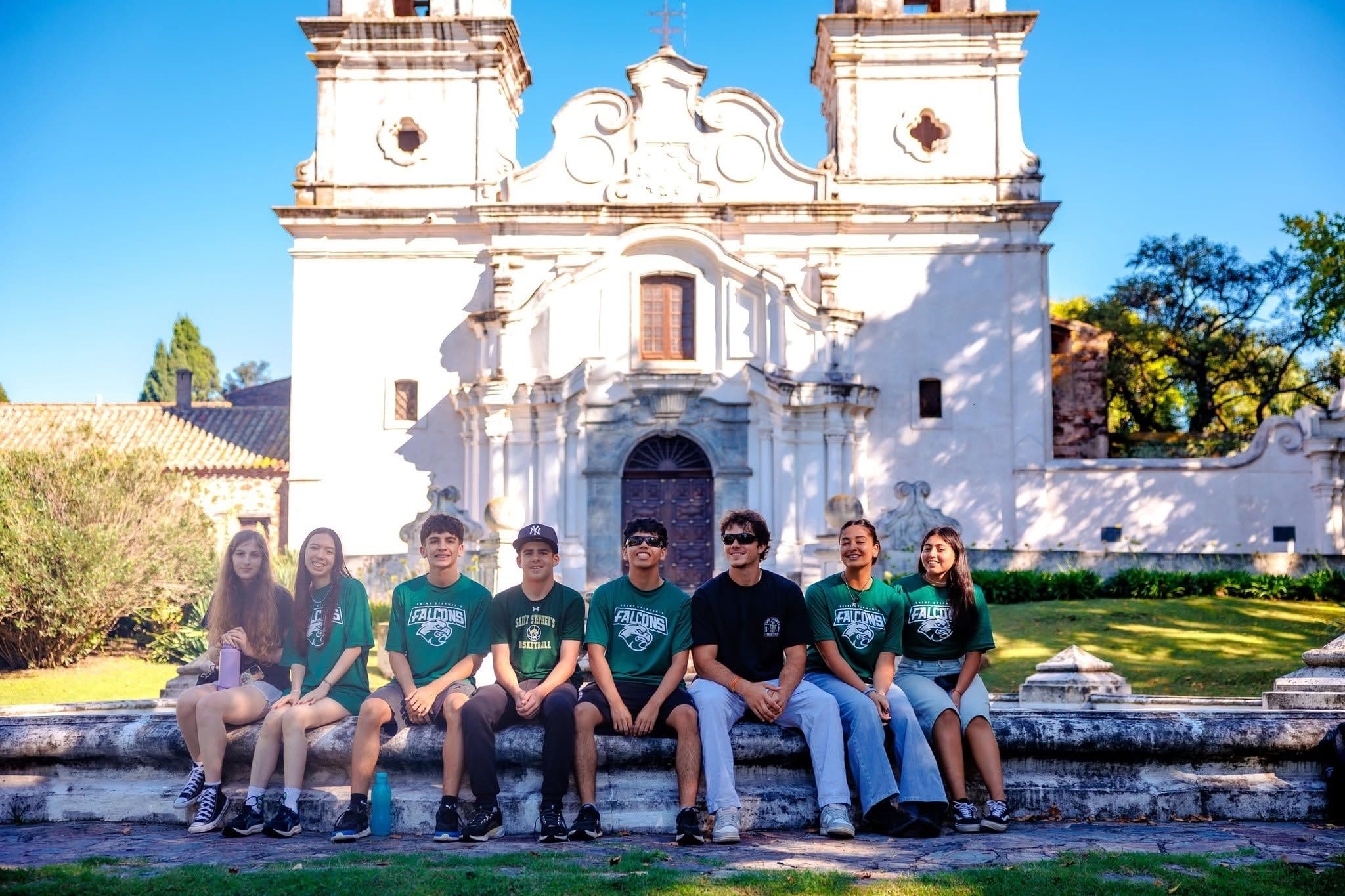 Students in front of a Spanish church